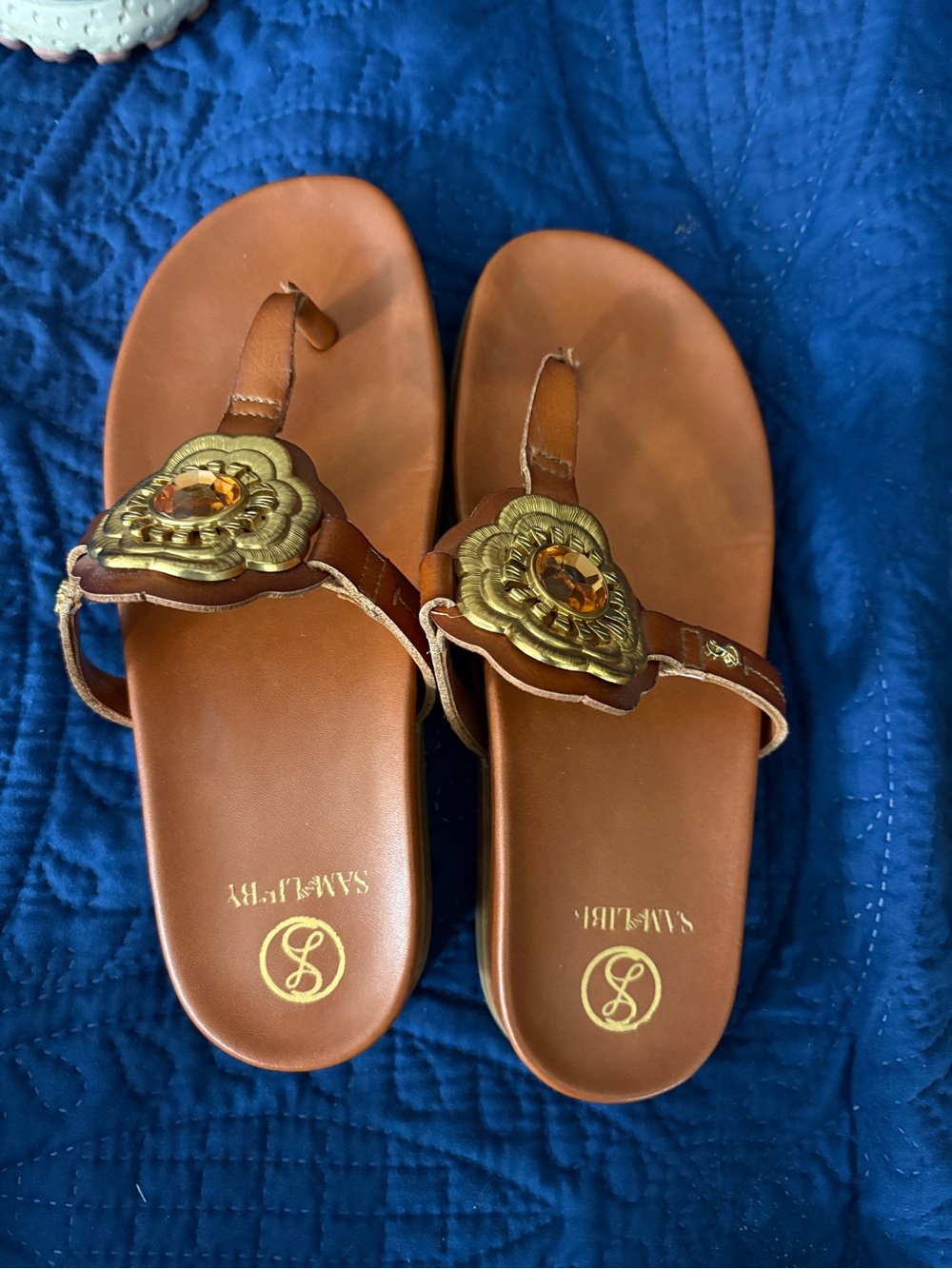Sam Edelman Tan Leather Thong Sandals with Gold Medallions